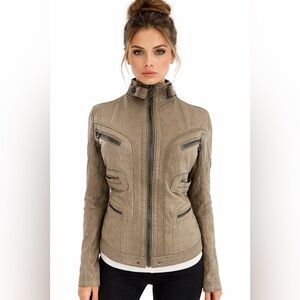 Zadig & Voltaire Leather Moto Jacket Tan Camel Coat  XS